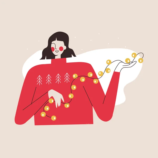 Жінка тримає гірлянду і сукні. Святкування Різдва або Нового року. Модний жіночий персонаж відзначає зимові різдвяні свята. Плоска векторна мультиплікаційна ілюстрація для вітальної листівки, дизайн плакату — стоковий вектор