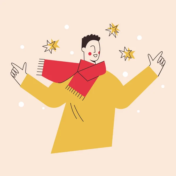 休日のイベントを祝う赤いスカーフの若い男。雪と星とスタイリッシュな喜びの男。広告用男性キャラクター、冬のグリーティングカード。フラットベクトル漫画のイラスト、隔離された背景 — ストックベクタ