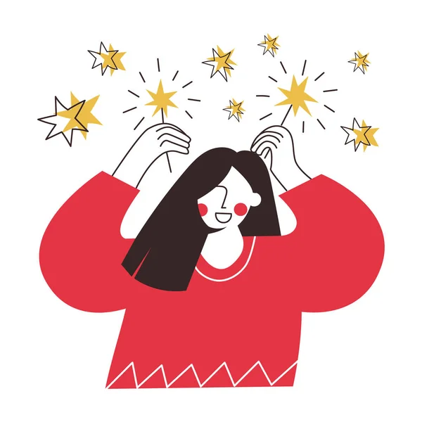 Γυναίκα με sparklers στα χέρια γιορτάζει εκδήλωση απλή γραμμή επίπεδη διανυσματική απεικόνιση κινουμένων σχεδίων. Κορίτσι με bengal φως και αστέρια απομονώνονται στο παρασκήνιο. Λάμψη φωτεινό χειμώνα διακοπές ευχετήρια κάρτα — Διανυσματικό Αρχείο