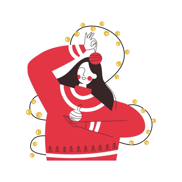 Присвячена різдвяній дівчині з садівницею та бублями. Xmas зимують жіночий характер у червоному светрі. Жінка святкує Різдво або Новий рік. Векторні плоскі ілюстрації для вітальних листівок, плакат — стоковий вектор