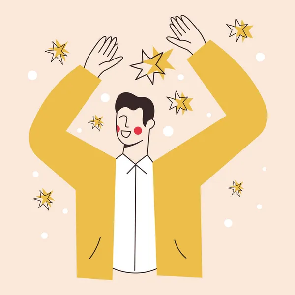 办公室的商人庆祝胜利或目标的实现.白领快乐,手举着手,星星点点.概念上的胜利和成功。背景上孤立的简单平行线向量图 — 图库矢量图片