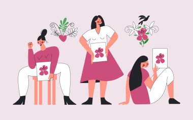 Çiçekli kadın jinekolojisi olan bir kadın. Rahim bilgeliği - jinekoloji ve kadın mahrem sağlık konsepti. Güzel kadın üreme sistemi. Kadın sağlığı, zen ve sağlık vektörü çizimi