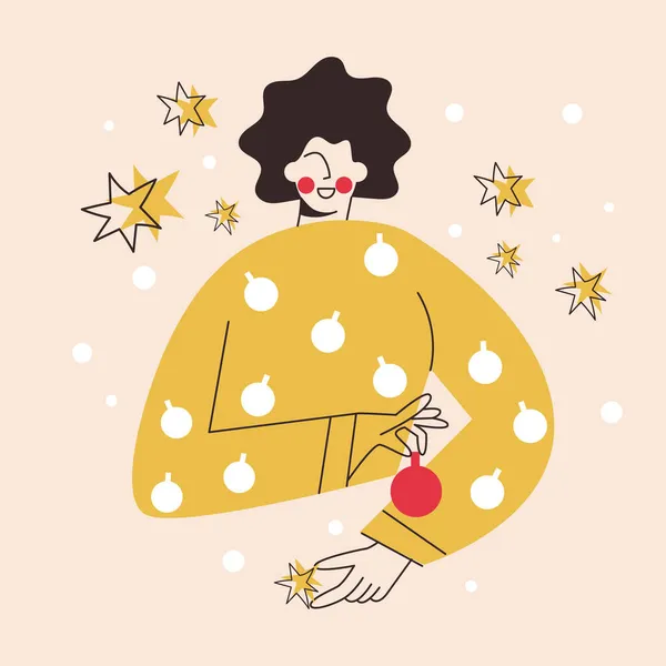 Усміхнена дівчина з кульковими лампочками на Новий рік або Різдвяний настрій в ретро-стилі. Мінімалістична жінка з різдвяними прикрасами плоска лінія мультфільму Векторні ілюстрації ізольовані на фоні. Вітальна листівка — стоковий вектор