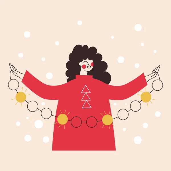 新年の気分やクリスマスの装飾のためのランプ電球のガーランドと笑顔の女の子。背景に隔離されたライトフラットライン漫画ベクトルイラストを祝うとミニマリズムの女性。グリーティングカード — ストックベクタ