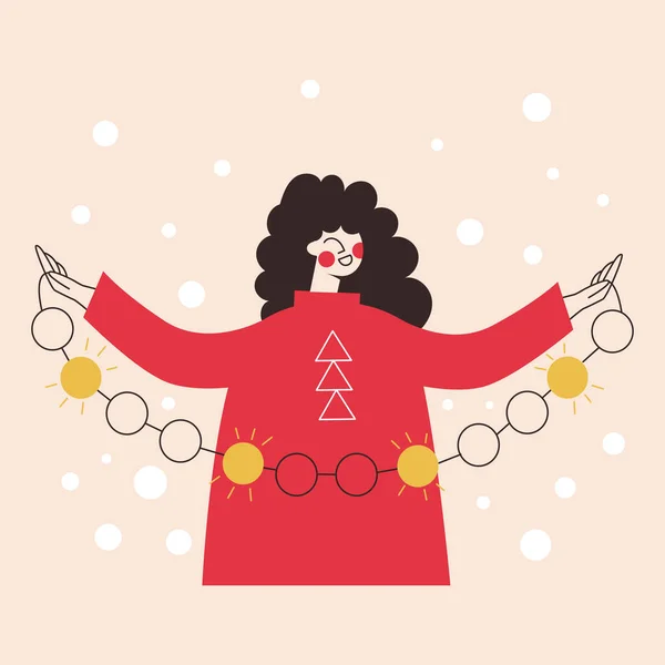Yeni yıl havası ya da Noel süslemeleri için elinde ampullerle gülümseyen kız. Işıkları kutlayan minimalist kadın arka planda izole edilmiş düz çizgi çizgi film vektör çizimi. Tebrik kartı