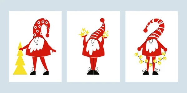 メリークリスマスとハッピーニューイヤー背景、グリーティングカード、ポスター、休日のカバーのセット。単純な北欧スタイルのノームまたはかわいいドワーフ。ノエルやエルフのフラットベクトル漫画のイラスト — ストックベクタ