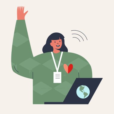 Çevrimiçi gönüllü hizmet kavramı. Sanal danışmanlık, arkadaşlık, özel ders, insanlara destek ve yardım. Genç kız. Mesafeli sosyal hizmetler görevlisi. Düz vektör çizimi arkaplanda izole edildi