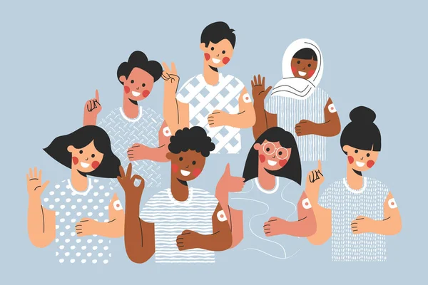 Crianças diversas depois de receber a vacina com gestos Thumbs Up Ok e Hello. Crianças mostrando bandagem do braço para proteger a propagação COVID no fundo azul. Ilustração de desenho animado vetorial plano. Imunização infantil —  Vetores de Stock