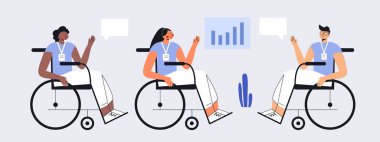 Tekerlekli sandalyede engelli bir grup gencin çalıştığı özel bir ofis. Sosyal kapsama konsepti. İş konferansı, takım çalışması, sohbet. Düz vektör karikatür çizimi