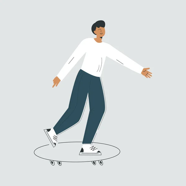 Ung man rider skateboard skjuta med foten. Urban karaktär på långbord. Snygg skridskoåkare på skateboard. Modern skateboardåkare rör sig framåt. Platt vektor illustration isolerad på bakgrund — Stock vektor