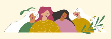 Çeşitli portreler farklı yaşlardaki kadınlar kadın güçlendirme hareketi için bir arada duruyorlar. Kardeşlik, destek, dostluk ve ilgi. Düz vektör çizim illüstrasyon pankartı grubu