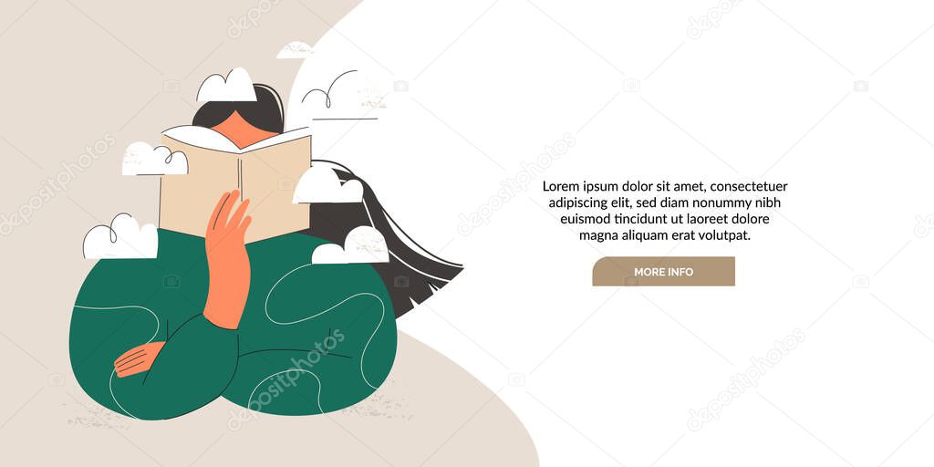 International Literacy Day greeting card with woman reading open book in library. Book festival, education and dreaming. Creative reading concept. Flat vector illustration banner, landing template