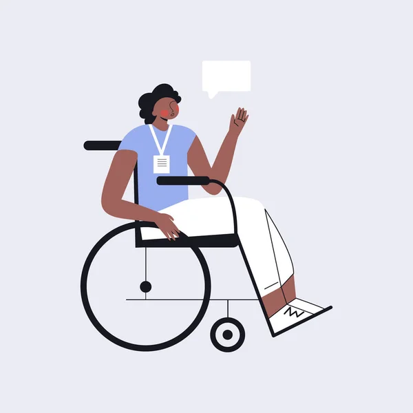 Jeune femme handicapée en fauteuil roulant travaillant sur le projet dans un bureau inclusif. Concept d'inclusion sociale avec les personnes handicapées. Fille positive en fauteuil roulant. Illustration de dessin animé vectoriel plat — Image vectorielle