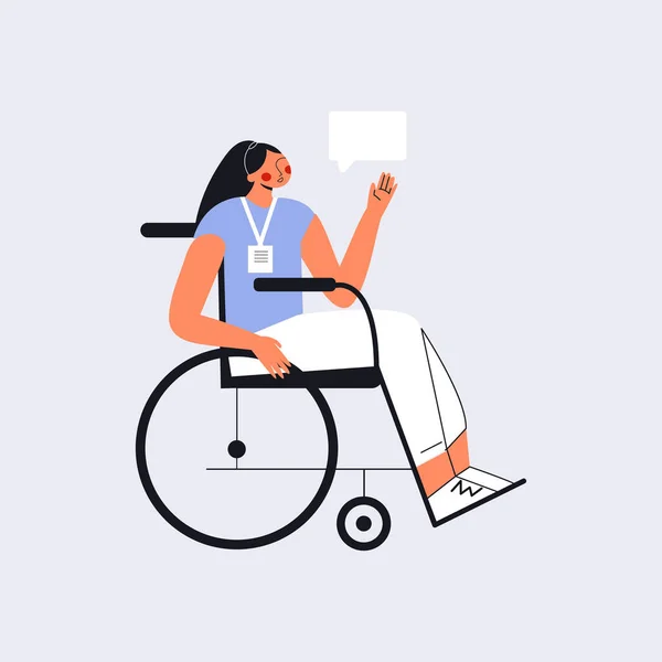 Young woman with disability in wheelchair working on project in inclusive office. Social inclusion concept with handicapped people. Positive girl in wheel chair. Flat vector cartoon illustration — Stock Vector