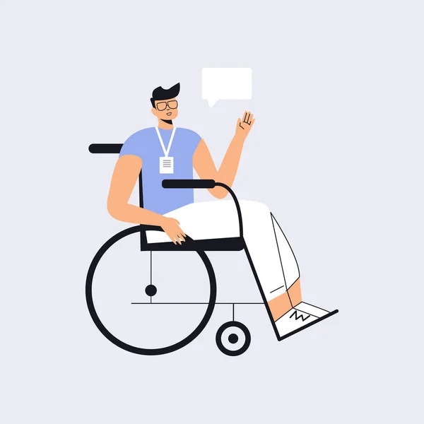 Jeune homme handicapé en fauteuil roulant travaillant sur un projet dans un bureau inclusif. Concept d'inclusion sociale avec les personnes handicapées. Un type positif en fauteuil roulant. Illustration de dessin animé vectoriel plat — Image vectorielle