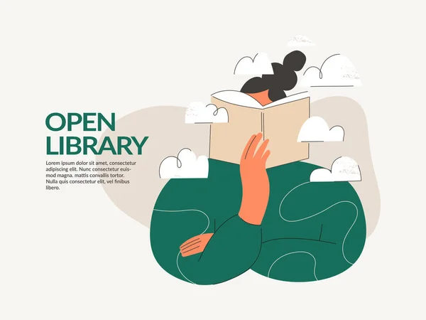 Woman reading open book in library landing page template or web banner. Book festival, education and dreaming, culture festival day, literature event. Flat vector illustration isolated on background — Vetor de Stock