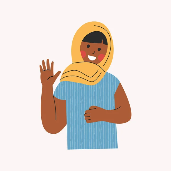 La joven musulmana en hiyab está mostrando un gesto de hola. Lindo niño islámico avatar. Niño saludando con la mano y saludando. Retrato del niño sonriente. Dibujos animados vector plano ilustración aislada — Archivo Imágenes Vectoriales