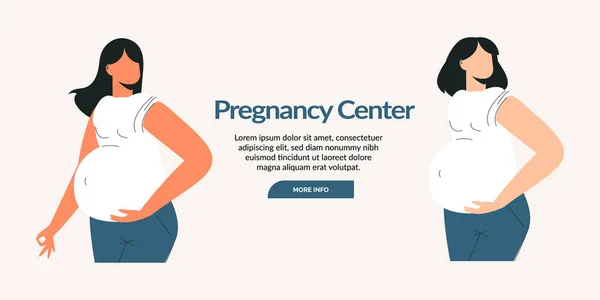 Pregnant women or prenatal mom with big belly for pregnancy concept. Maternity and motherhood landing page or banner. Future young mum with tummy flat vector cartoon illustration. Happy Womans Day — Stock vektor