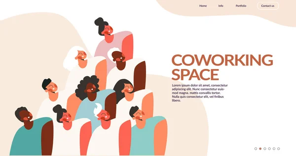 Diverse corporate team or coworkers group of people standing together. Coworking, teambuilding, partnership, squad, collaboration and community of millennial creative company. Flat vector illustration —  Vetores de Stock