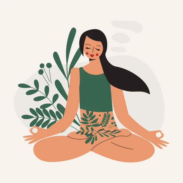 Calm zen and wellness woman in yoga lotus pose and nature vegetation around. Positive green mind concept. Love yourself and eco healthy lifestyle. Meditating lady flat vector cartoon illustration