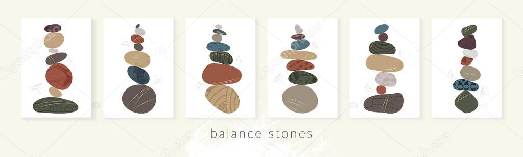 Balance pebble stone harmony vector Illustration. Simplicity calm and zen of cairn rock shape. Modern abstract wall decor, poster set, wellness background. Spa balance harmony therapy zen wallpaper