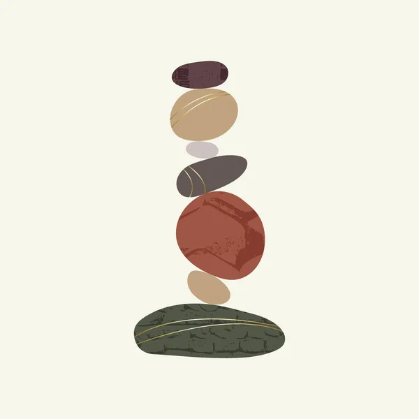 Balance pebble stone harmony vector Illustration. Simplicity calm and zen of cairn rock shape. Simple poise tower. Circle color stones with gold grunge texture. Balance concept. Poster, card, print — Stock Vector