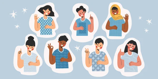 Sticker set of children boys and girls showing hi hello bye gesture. Collection of kids waving greeting. Portrait of diverse kids with goodbye or welcome hands. Flat vector cartoon illustration — Vector de stock