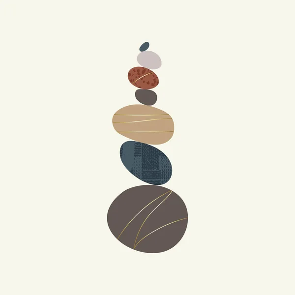 Wellness egyensúly kavicskő harmónia vektor Illusztráció. Egyszerűség nyugodt és zen cairn rock alakú. Egyszerű, kiegyensúlyozott torony. Kör színű kövek arany grunge textúra. Plakát, kártya, nyomtatási terv — Stock Vector