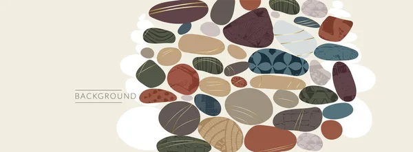 Çakıl taşı soyut sanat afişi arka plan vektör illüstrasyonu. Organik kaya şekilleri ve çıplak pastel renkte altın grunge desenli çizgi. Taş figürlü minimalist düzensiz geometri