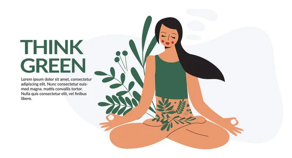Yoga nilüfer çiçeği pozu ve doğal bitki örtüsü içinde sakin ve sağlıklı bir kadın. Olumlu yeşil akıl kavramı. Kendini ve çevreci yaşam tarzını sev. Meditasyon yapan kadın düz vektör çizim illüstrasyon pankartı