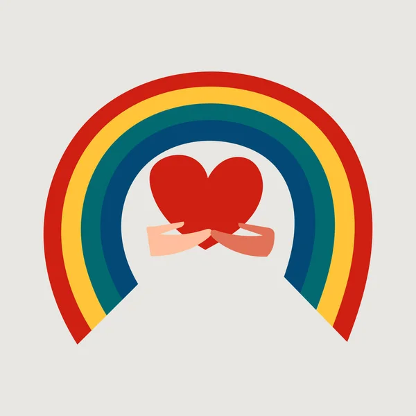 Twee verschillende partners houden hart en regenboog bij elkaar. Trotse kleurendruk in tekenfilmstijl. Lgbt embleem, liefde diversiteit, gelijkheid concept platte vector illustratie geïsoleerd op witte achtergrond — Stockvector