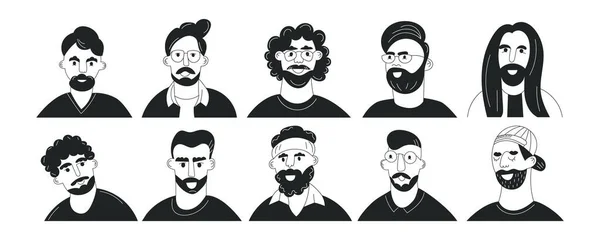 Bir grup karalama adamı bıyıklı ve sakallı avatarlarla yüzleşir. Modayı takip eden hipster erkek portresi koleksiyonu. Beyaz arkaplanda siyah ve beyaz düz vektör çizimi var. Moda sakallı adam yüzleri