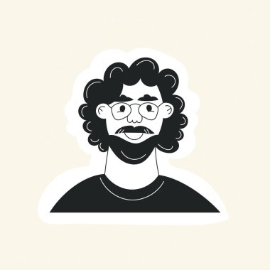 Doodle Man bıyıklı, kıvırcık saçlı ve gözlüklü bir avatarla karşı karşıya. Hippi erkek portresi etiketi ve modaya uygun saçları var. El çizimi siyah-beyaz düz vektör çizimi. Moda sakallı adam yüzü simgesi