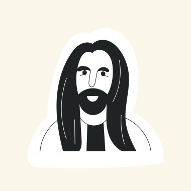 Doodle Man bıyıklı, sakallı ve uzun saçlı bir avatara bakıyor. Modayı takip eden hippi adam portresi çıkartması. Beyaz arka planda siyah ve beyaz vektör çizimi izole edildi. Moda sakallı adam yüzü simgesi