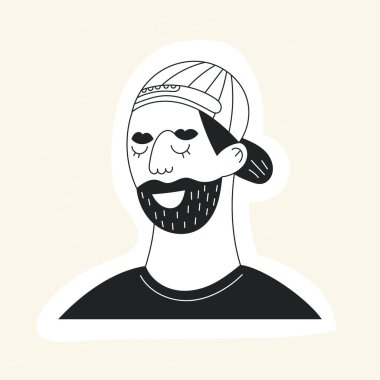 Doodle Man bıyıklı, sakallı ve şapkalı bir avatarla karşı karşıya. Hipster gülüşlü adam portresi etiketi ve son moda saçlar. El çizimi siyah-beyaz düz vektör çizimi. Moda sakallı adam yüzü simgesi