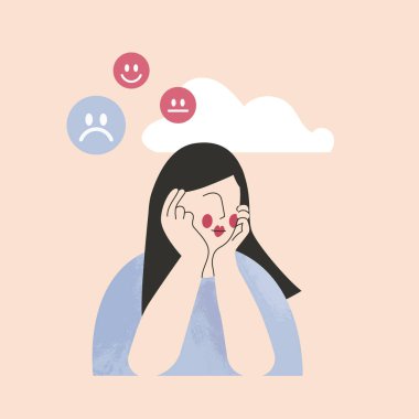 Üzgün kadın ya da ilgisiz genç kız ifadeleri düz vektör karikatür çizimi ile yalnız. Yalnız, içine kapanık ergen. Melankoli ve iç sorun, düzensizlik kadın, mutsuz kişi, umutsuzluk