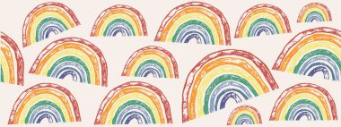 Gökkuşağı renksiz desenli taşıyıcı pankart. Soyut ve pozitif minimalist arka plan pastel boho yayı ile. Fırça desenli İskandinav çocuk rengi çizimi. Eşitlik sembolü