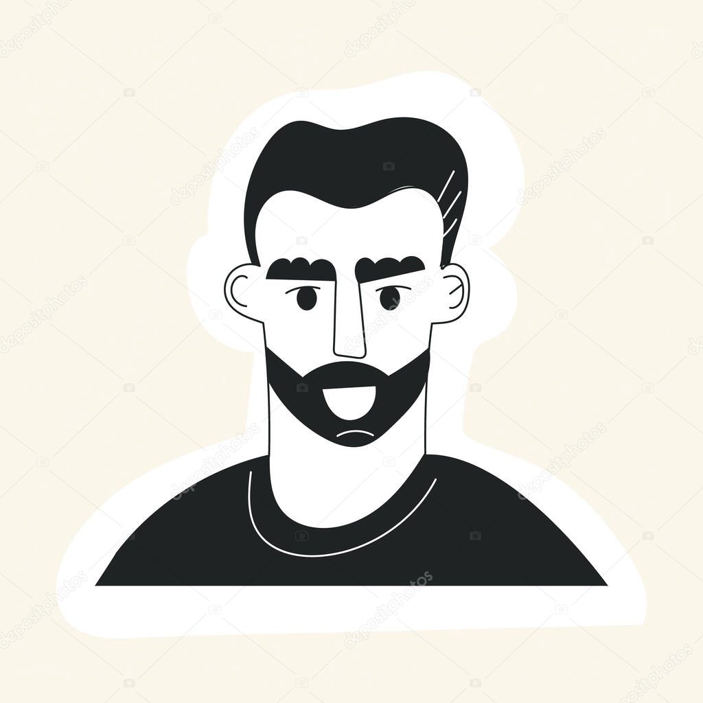 Doodle man face avatar with mustache beard and haircut. Hipster guy portrait sticker with trendy hair. Hand drawn black and white flat vector illustration. Fashion bearded man face