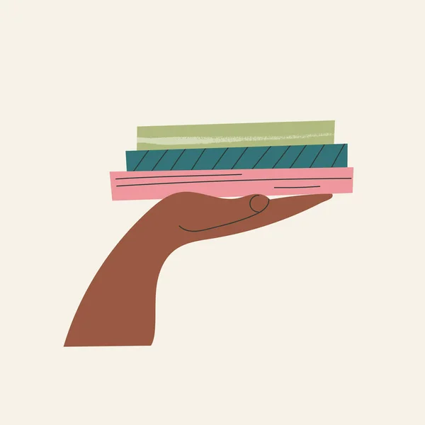 Mans hand houden stapel boek platte cartoon vector illustratie geïsoleerd op witte achtergrond. Studenten arm. Onderwijs en kennisconcept. Wissel literatuurevenement, bibliotheekdag, cultuurfestival — Stockvector