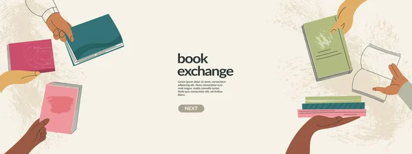 Book exchange landing page template or bookcrossing vector illustration banner. Education and knowledge concept, diverse hands holding books. Swap literature event, library day, culture festival — Stock Vector