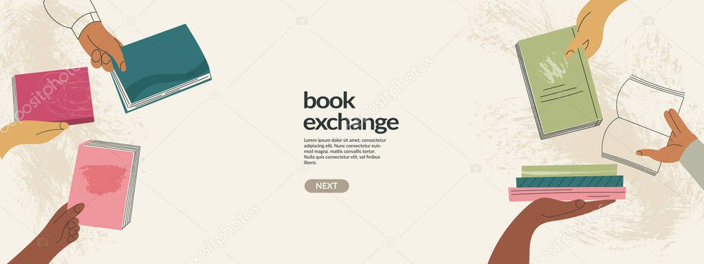 Book exchange landing page template or bookcrossing vector illustration banner. Education and knowledge concept, diverse hands holding books. Swap literature event, library day, culture festival