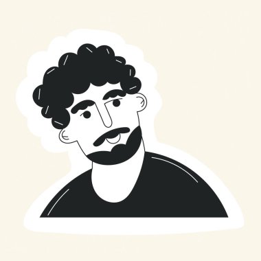 Doodle Man bıyıklı, sakallı ve kıvırcık saçlı bir avatara bakıyor. Modayı takip eden hippi adam portresi çıkartması. Beyaz arka planda siyah ve beyaz vektör çizimi izole edildi. Moda sakallı adam yüzü simgesi