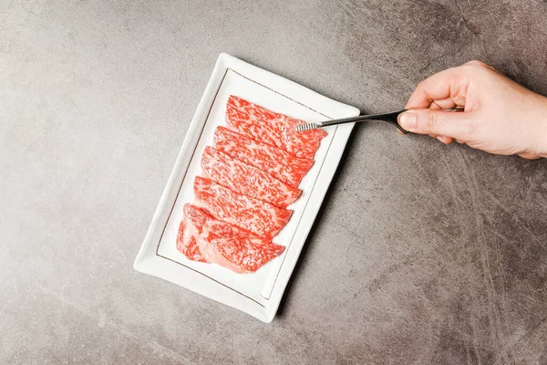 Premium Rare Slices Sirloin Wagyu Beef High Marbling Texture Ceramic — стокове фото