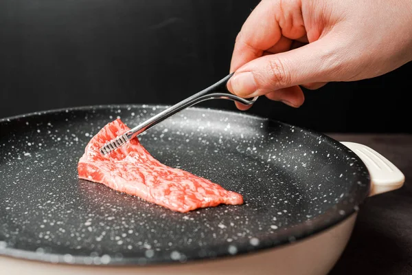 Close Premium Rare Slices Sirloin Wagyu Beef High Marbling Texture — стокове фото