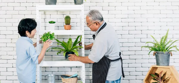 Asiatischer Rentner Opa Und Sein Enkel Lächeln Und Verbringen Viel — Stockfoto