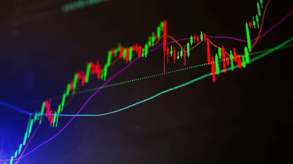 技術的な価格グラフと指標 赤と緑の燭台を備えた暗号取引の市場のボラティリティは 分析と減少傾向にあります 株式取引 暗号通貨の背景概念 — ストック写真
