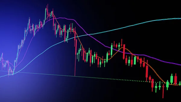 The market volatility of crypto trading with technical graph and indicator, red and green candlesticks, for analysis up and downtrend. Cryptocurrency background concept. Focus part of candlesticks.