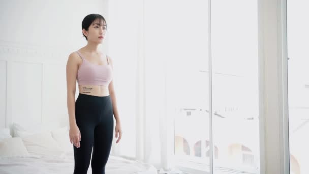 Beautiful Happy Young Asian Woman Standing Vrksasana Posture Doing Yoga — Vídeo de Stock