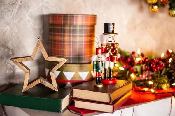 New Year Decor Light Shelf Star Gift Books Nutcracker — Stock Photo, Image