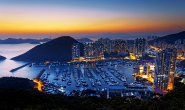 Hong kong güzel günbatımı, aberdeen tayfun barınaklar